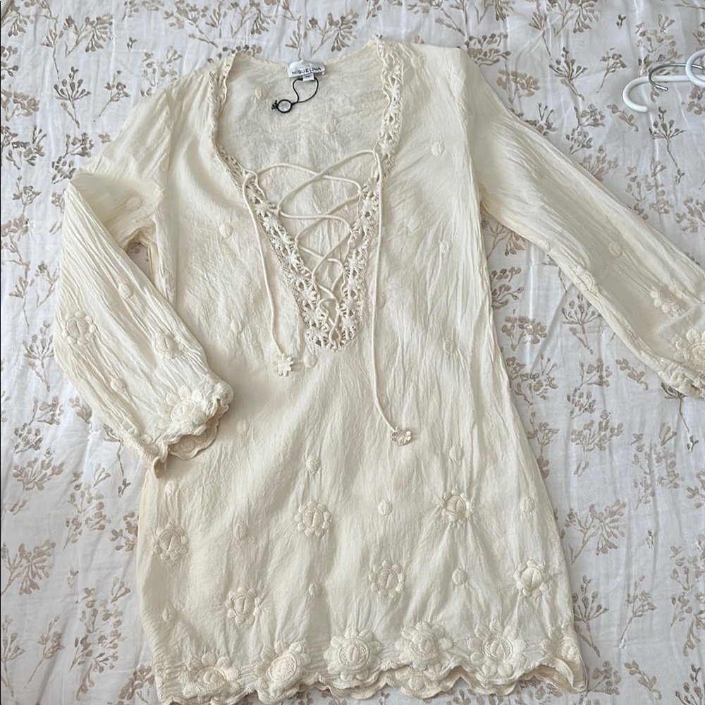 Cream Lace-Up Embroidered Coverup/Dress